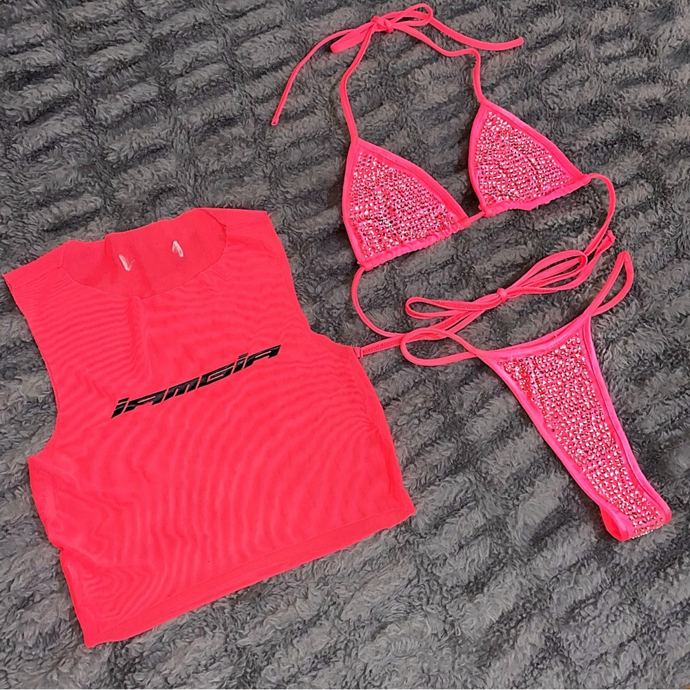 I.AM.GIA 3 Piece Set - Hot Pink Candy Kora Thong Bikini with Mesh Kiera Tank - Picture 3 of 17